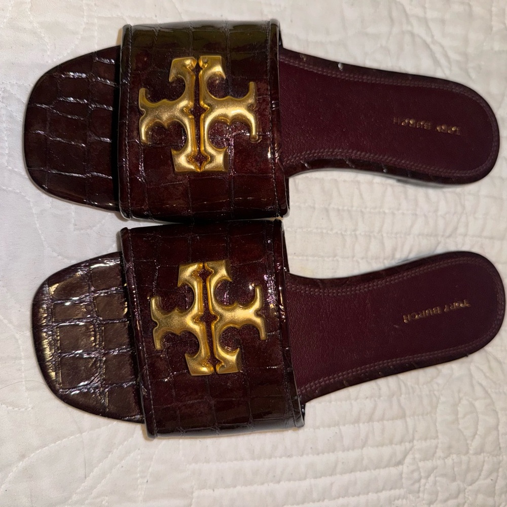 Tory Burch Burgundy and Gold Croc Slide Sandals